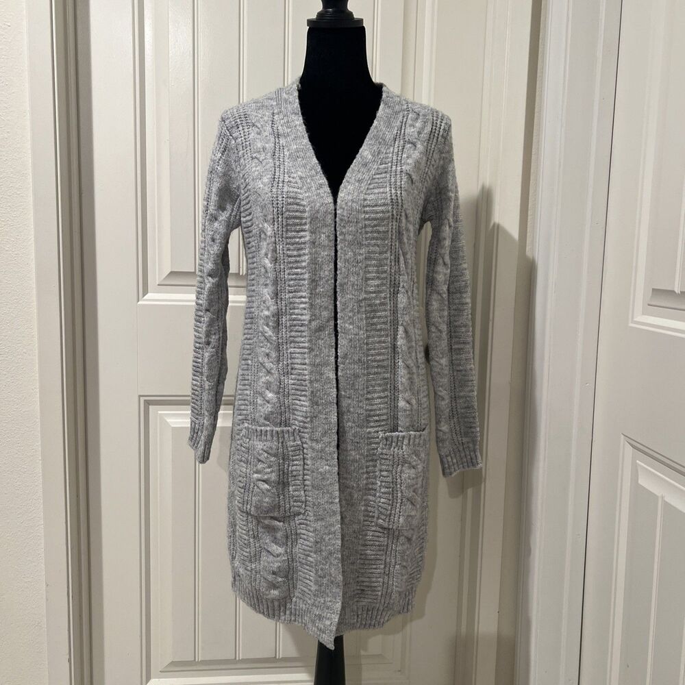 Ashley By 26 International Women’s Cable Knit Cardigan Gray Open Front Pockets M
